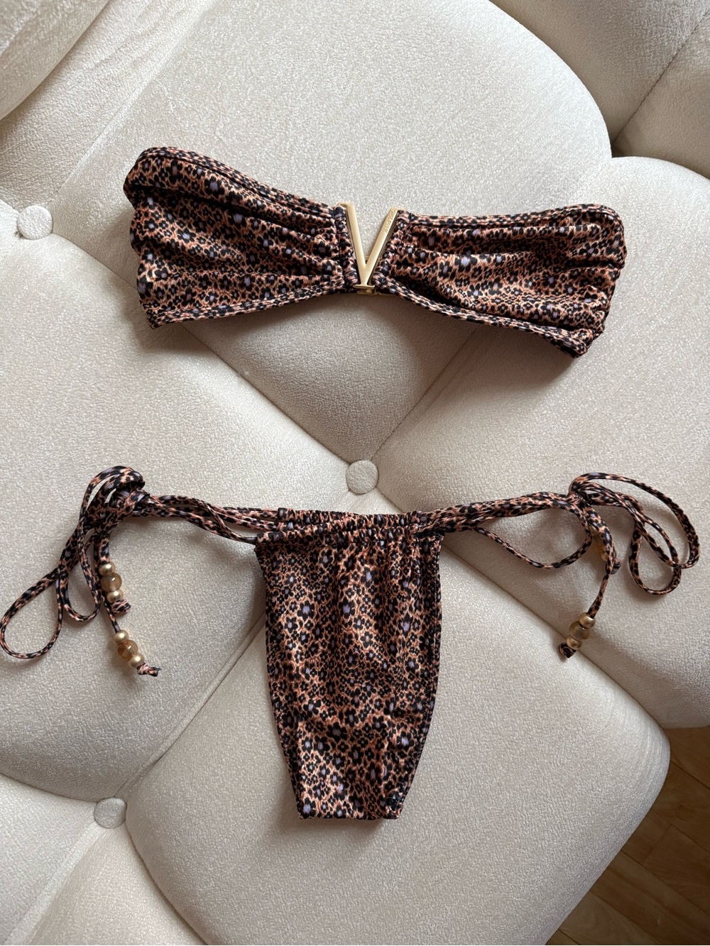 Kulani Kinis Leopard Print Bandeau Bikini Top & Tie-Side Bottoms - Brown/Black